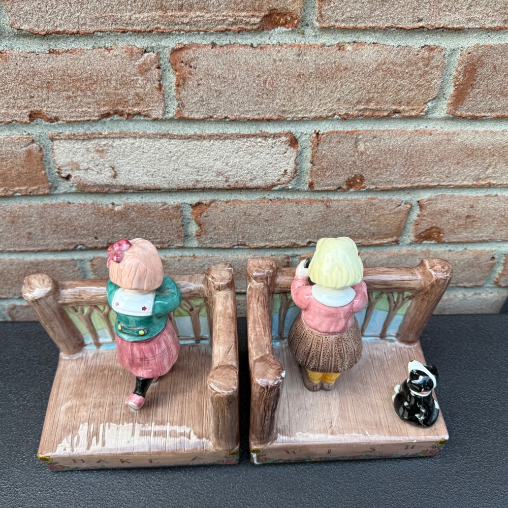 Mary Engelbreit Bookends Kids Girls Dog Brown Make A Wish Vintage Ceramic Decor - Picture 4 of 16